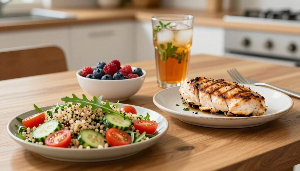 A beautifully arranged Thursday lunch spread showcasing balanced meal combinations under soft, natural daylight. In the foreground, a wooden table features a vibrant quinoa salad with cherry tomatoes, cucumber, and arugula, garnished with fresh herbs. Adjacent is a grilled chicken breast, perfectly cooked and sliced, resting on a rustic white ceramic plate. The middle ground includes a bowl of colorful mixed berries and a refreshing herbal iced tea in a clear glass, creating a sense of abundance and freshness. The background features a softly blurred kitchen setting, enhancing the cozy atmosphere. Capture this scene from a slightly elevated angle to provide a clear view of the food while allowing the natural light to create gentle reflections. The overall mood is inviting and health-focused, representing a typical Thursday meal for someone following the KetoWiseWay lifestyle.