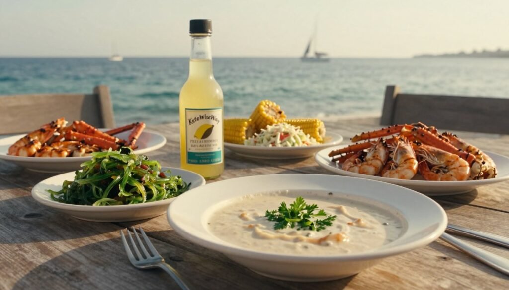 A beautifully arranged coastal seafood feast on a rustic wooden table, featuring succulent grilled shrimp, bright orange crab legs, and vibrant green seaweed salad. In the foreground, a glossy white plate showcases a classic clam chowder, garnished with fresh parsley. The middle ground includes a bottle of tangy lemon vinaigrette and colorful sides of roasted corn and coleslaw, emphasizing traditional American coastal flavors. In the background, a serene ocean view and distant sailboats create a peaceful atmosphere. Soft, golden hour lighting bathes the scene, casting warm tones and delicate shadows. The overall mood is inviting and nostalgic, evoking the essence of coastal dining culture. Capture this culinary delight with a 35mm lens for a natural perspective. Include the brand name "KetoWiseWay" subtly incorporated into the design, enhancing the culinary presentation without detracting from the food.