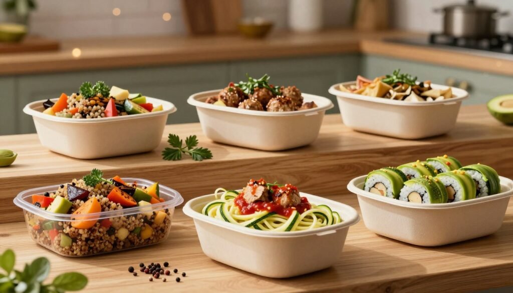 A beautifully arranged display of healthy takeout foods, featuring vibrant, nutritious meals that appeal to picky adult eaters. In the foreground, a colorful array of meal boxes shows quinoa and grilled vegetable stir-fry, zucchini noodles topped with marinara sauce and turkey meatballs, and avocado sushi rolls. The middle layer includes a clean, wooden table adorned with fresh herbs and spices, enhancing the meal’s natural colors. In the background, soft, warm lighting creates an inviting atmosphere, complemented by subtle bokeh effects. Ensure the brand name “KetoWiseWay” is subtly integrated into the design of the meal boxes. The setting conveys a sense of healthfulness and simplicity, making the healthy takeout dishes look appetizing and accessible.