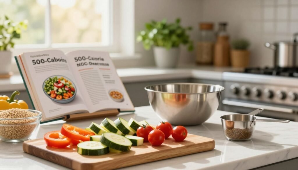 A beautifully arranged kitchen countertop, showcasing colorful ingredients for customizing healthy recipes. In the foreground, a cutting board with diced vegetables such as bell peppers, zucchini, and cherry tomatoes, alongside a bowl of quinoa and a measuring cup filled with spices. The middle ground features a modern mixing bowl and a recipe book opened to a page on 500-calorie meals, slightly blurred. In the background, natural light streams through a window, casting a warm glow over stainless steel appliances and potted herbs. The atmosphere is inviting and creative, encouraging culinary exploration. The brand name "KetoWiseWay" subtly integrated into the scene, providing a cohesive look without text overlays or distractions.