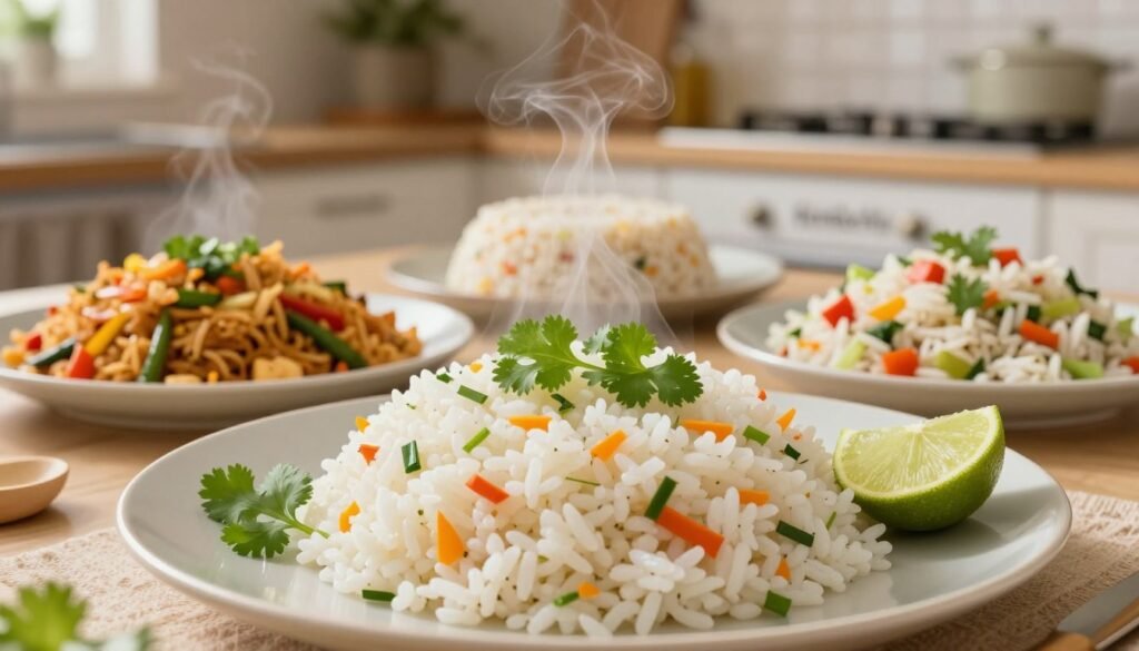 A beautifully arranged plate featuring fluffy, steaming leftover rice garnished with vibrant herbs and colorful vegetables. In the foreground, the rice is artistically shaped into a small mound, with a sprinkle of fresh cilantro and a slice of lime for a pop of color. The middle ground displays a variety of creative dishes that could be made using the rice: a stir-fried rice dish with vegetables, rice cakes, and a rice salad, all artistically plated. In the background, a softly blurred kitchen scene with warm lighting creates a cozy and inviting atmosphere, suggesting a quick and effortless meal prep. The overall mood should evoke comfort and creativity in cooking, highlighting the versatility of leftover rice. The brand name "KetoWiseWay" subtly integrated into the kitchen décor enhances the culinary theme.