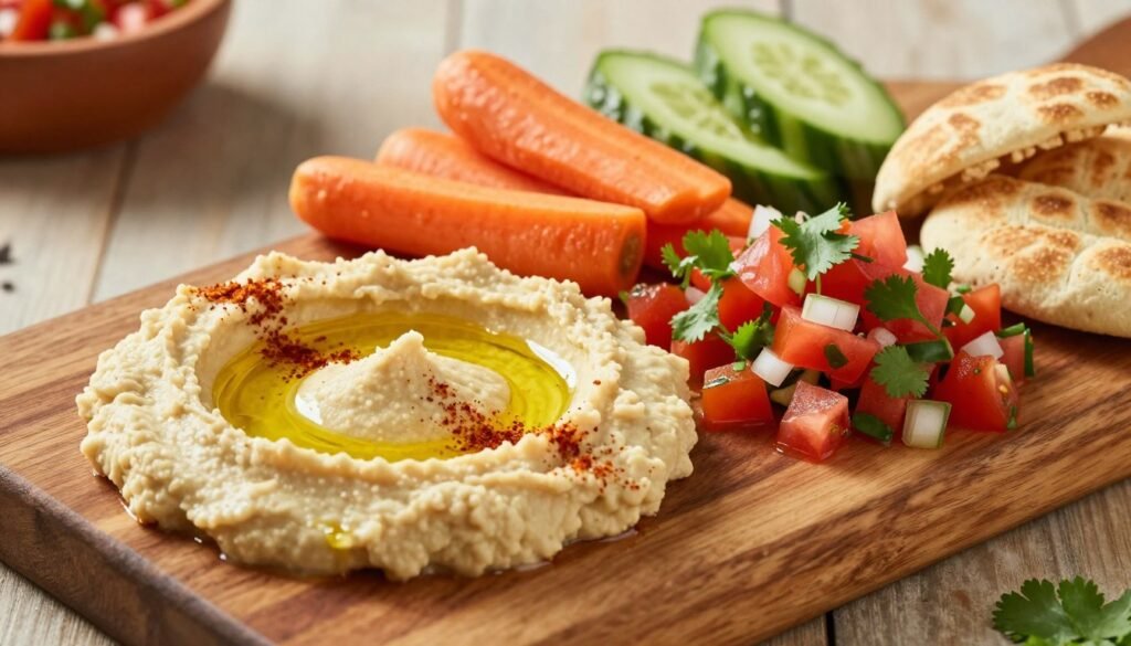 A beautifully arranged platter featuring creamy hummus and vibrant salsa, designed to embody an energizing dip theme. In the foreground, a rustic wooden board showcases a smooth, light-colored hummus garnished with a drizzle of olive oil and a sprinkle of paprika. Next to it, a fresh, chunky salsa with diced tomatoes, onions, and cilantro bursts with color. In the middle background, there are assorted whole grain and vegetable dippers, such as carrot sticks, cucumber slices, and whole grain pita. The setting is bathed in warm, natural light creating a healthy and inviting atmosphere. The image should have a shallow depth of field, focusing sharply on the dips while softly blurring the edges. Include the brand name "KetoWiseWay" subtly in the composition, ensuring no text distractions are present.