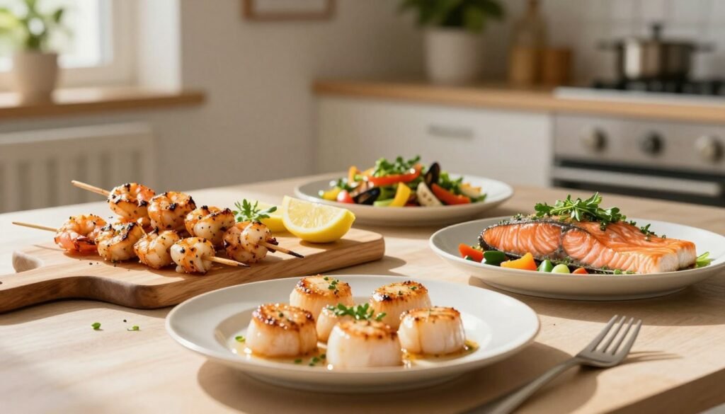A beautifully arranged table set with a variety of simple seafood dishes, showcasing grilled shrimp skewers, a fresh salmon fillet garnished with herbs, and a vibrant seafood salad with colorful bell peppers and greens. The foreground features an elegant plate of pan-seared scallops, glistening under natural sunlight. In the middle, a wooden cutting board holds lemon wedges and fresh herbs, complementing the seafood. The background is softly blurred, revealing a cozy kitchen atmosphere with light-colored walls and plants for a fresh touch. Natural warm lighting enhances the textures of the food, evoking a warm and inviting mood. Emphasize simplicity and health in the presentation, suitable for the brand KetoWiseWay.