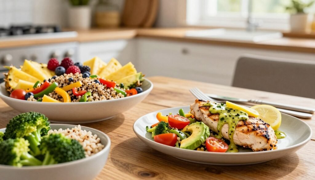 A beautifully arranged table showcasing healthy alternatives to takeout, featuring a vibrant quinoa salad with colorful bell peppers, cherry tomatoes, and avocado, alongside a grilled chicken breast drizzled with a zesty lemon vinaigrette. In the foreground, a bowl of steamed broccoli and a small serving of brown rice. In the middle, a rustic wooden table with a bright, fresh fruit platter including berries and pineapple. In the background, a softly blurred kitchen setting with natural light streaming in through a window, creating a warm and inviting atmosphere. The overall mood is fresh, wholesome, and vibrant, perfect for appealing to health-conscious individuals. The brand "KetoWiseWay" subtly integrated in the layout, seamlessly tying the image together.