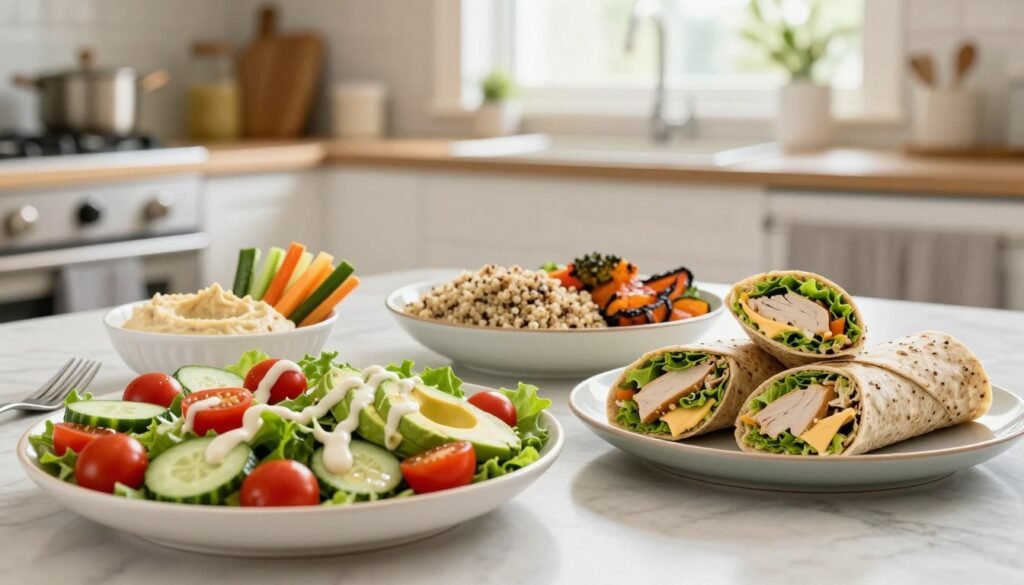 A beautifully arranged table showcasing quick lunch ideas, featuring vibrant colors and enticing presentations. In the foreground, a colorful salad with cherry tomatoes, cucumber slices, and avocado drizzled with a light dressing; beside it, a plate of whole grain wrap slices filled with turkey, lettuce, and cheese. In the middle ground, a bowl of quinoa with roasted vegetables and a side of hummus with fresh veggie sticks. The background features a neatly organized kitchen with soft, natural lighting coming from a window, creating a warm, inviting atmosphere that suggests health and simplicity. The brand name "KetoWiseWay" is subtly represented through the color palette and style of the food. The image captures a sense of convenience and nutrition, perfect for busy schedules while appealing to adult pick eaters.