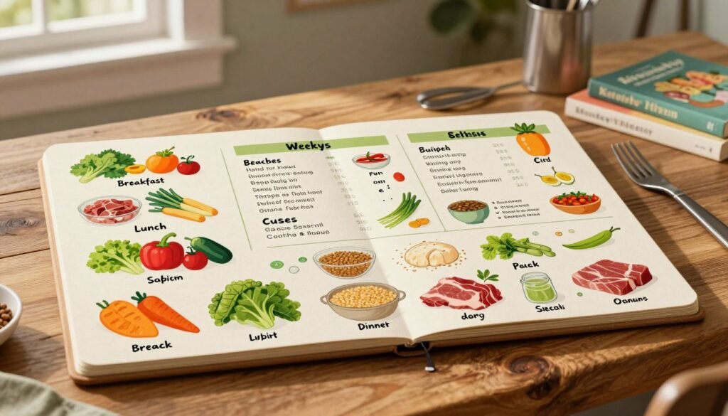 A beautifully arranged weekly menu recipe board sits on a rustic wooden table, showcasing a variety of colorful, healthy meal options. In the foreground, there are neatly organized sections featuring fresh ingredients like vibrant vegetables, grains, and lean proteins, all labeled with enticing names. The middle layer reveals an illustrated menu layout, with sections for breakfast, lunch, dinner, and snacks, creatively designed with an emphasis on simplicity and affordability. In the background, softly blurred kitchen tools and cookbooks hint at the cooking process, bathed in warm, natural light filtering through a nearby window to create a welcoming atmosphere. The overall mood is inspiring and practical, embodying the essence of healthy eating on a budget. The arrangement is branded with "KetoWiseWay" subtly incorporated into the design elements.