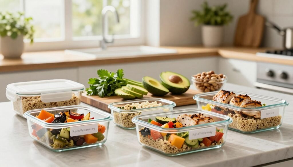 A beautifully organized meal prep setup showcasing an array of vibrant, healthy ingredients. In the foreground, glass meal prep containers are filled with colorful roasted vegetables, quinoa, and grilled chicken, all neatly labeled for easy identification. In the middle, a wooden cutting board displays fresh herbs, sliced avocado, and a bowl of nuts, adding a touch of rustic charm. The background features a well-lit kitchen with soft natural light streaming through a window, enhancing the inviting atmosphere. A stylish plant sits on the counter, complementing the healthy theme. The image should evoke a sense of effortless efficiency and contemporary lifestyle, perfect for promoting KetoWiseWay’s focus on simple and satisfying recipes. Use a shallow depth of field to draw attention to the details of the meal prep, creating a warm and inspiring mood.