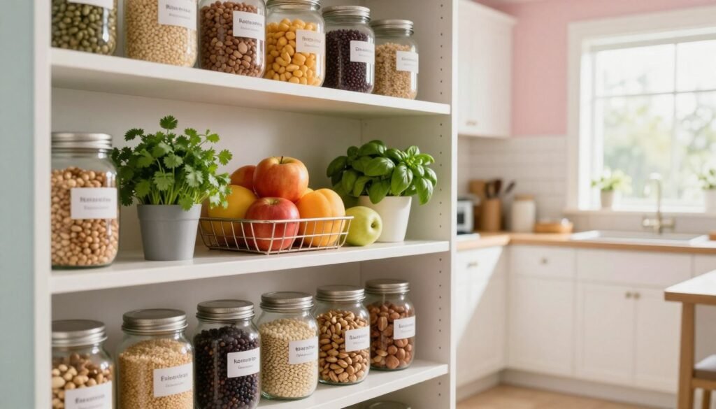 A beautifully organized pantry plan designed for healthy eating, featuring neatly arranged shelves filled with nutritious food options. In the foreground, there are glass jars containing whole grains, legumes, and nuts, labeled for easy access. The middle section showcases vibrant fruits and vegetables in baskets, with a few fresh herbs like cilantro and basil sprouting from pots. In the background, a bright, uncluttered kitchen with natural light streaming in through a window creates a welcoming atmosphere. The walls are painted in soft pastels to enhance a sense of calm. This image captures the essence of "Preparing Your Kitchen for Healthy Eating," embodying a lifestyle supported by KetoWiseWay. Soft, diffused lighting enhances the freshness of the ingredients, making the entire scene inviting and inspiring.