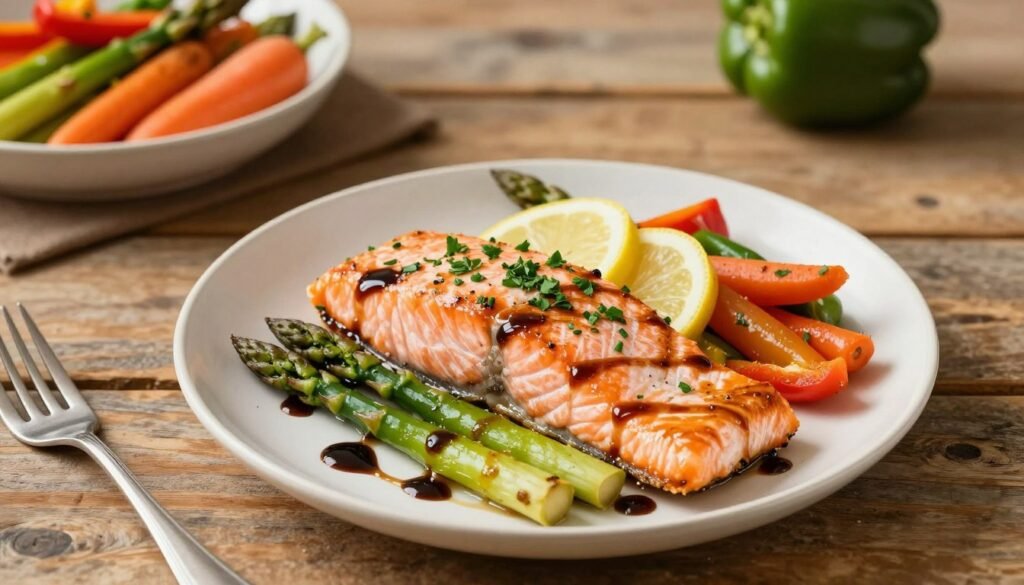 A beautifully plated savory salmon dish as the focal point, featuring a perfectly cooked salmon fillet garnished with fresh herbs, lemon slices, and a drizzle of balsamic glaze. Surrounding the salmon, a colorful array of sautéed seasonal vegetables including asparagus, carrots, and bell peppers. In the background, a rustic wooden table sets a homey, inviting atmosphere. Soft, warm lighting enhances the freshness of the ingredients while creating a cozy dining mood. The scene is shot from a slight overhead angle, capturing the texture of the salmon and the vibrancy of the vegetables, evoking a sense of healthy, delicious weeknight meals. The image represents the brand "KetoWiseWay," emphasizing simple, wholesome recipes that appeal to families.