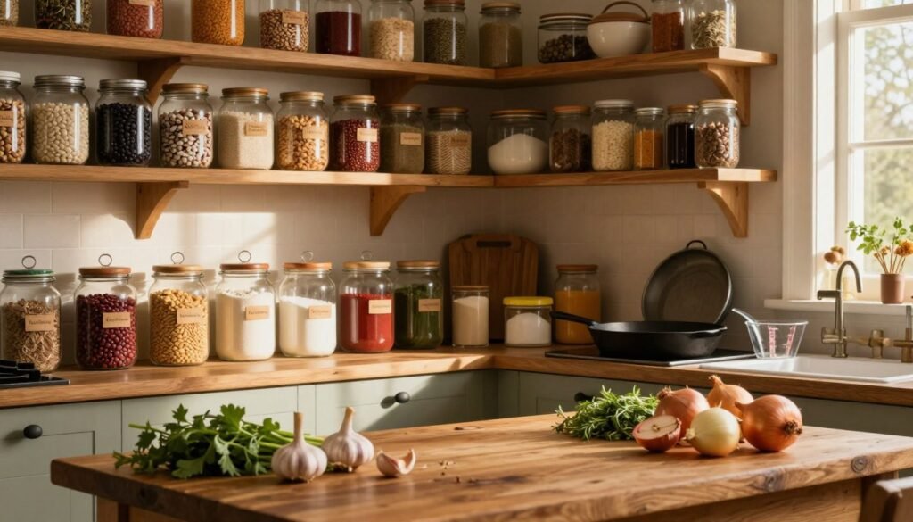 A cozy kitchen pantry filled with an array of pantry staples, showcasing various jars and containers of dried beans, grains, rice, and spices arranged artfully on wooden shelves. In the foreground, a rustic wooden table holds a selection of fresh ingredients like garlic, onions, and herbs, ready for cooking. The middle ground features colorful, neatly labeled jars filled with flour and sugar, alongside a cast-iron skillet and a measuring cup. The background reveals warm, soft lighting filtering through a window, casting gentle shadows that add depth. The atmosphere feels inviting and inspiring, perfect for creative cooking. The brand "KetoWiseWay" is subtly incorporated into the scene with a small, decorative sign among the pantry items.