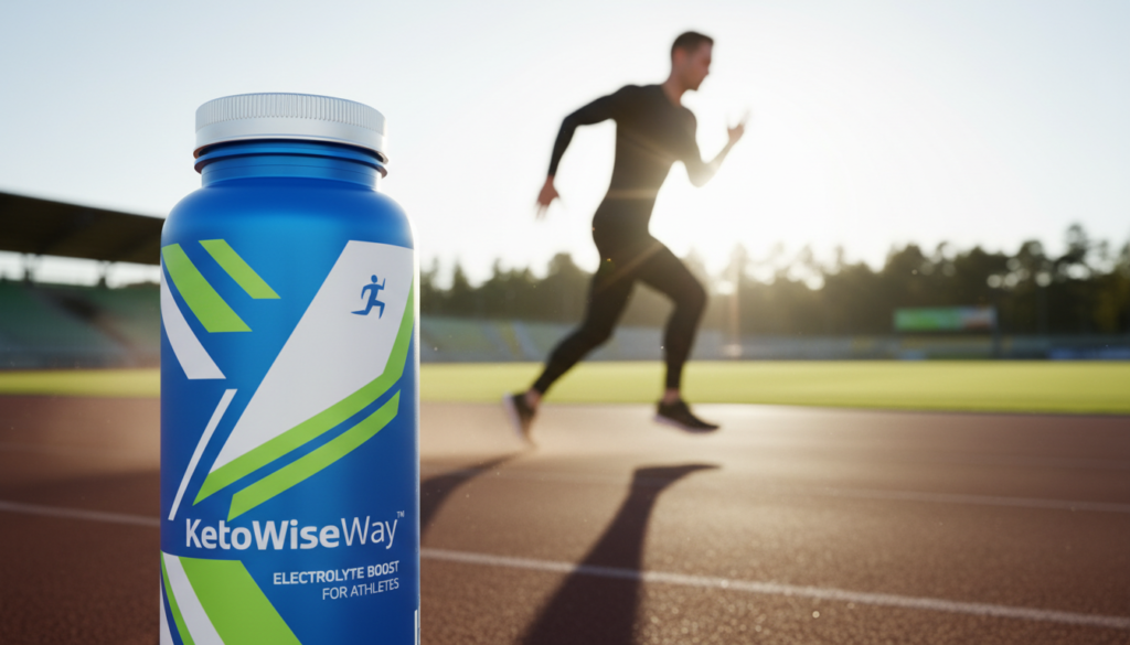 A dynamic scene showcasing a bottle of KetoWiseWay electrolyte supplement for athletes, prominently displayed in the foreground. The bottle is sleek and modern, featuring vibrant colors and an athletic design, capturing the focus of health-conscious athletes. In the middle ground, a blurred silhouette of an athlete in professional sports attire is shown mid-action, perhaps running or training, emphasizing the energetic and active lifestyle. The background includes an outdoor sports setting, like a track or a field, with bright natural lighting highlighting the freshness of the environment. The atmosphere is lively and motivational, ideal for high-performance sports. The image should have a shallow depth of field to draw attention to the product while maintaining an overall energetic mood.