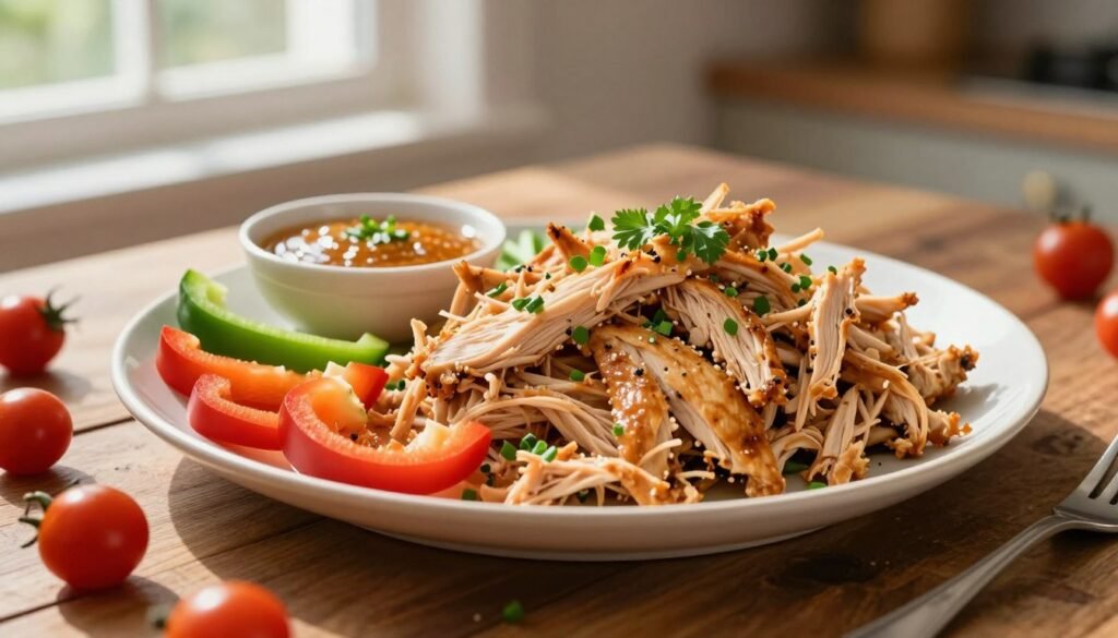 A perfectly arranged plate of shredded chicken, garnished with fresh herbs and served on a rustic wooden table. The shredded chicken is a golden-brown color, showcasing its juicy texture. In the foreground, vibrant vegetables such as bell peppers, green onions, and cherry tomatoes are artistically scattered around the plate, adding color and freshness. The middle ground features a small bowl of zesty sauce for dipping. In the background, soft natural light streams in through a nearby window, creating a warm and inviting atmosphere. A hint of blurred kitchen utensils complements the scene, enhancing the culinary vibe. The image embodies a healthy, creative meal concept, reflecting the brand "KetoWiseWay" with an emphasis on wholesome eating.