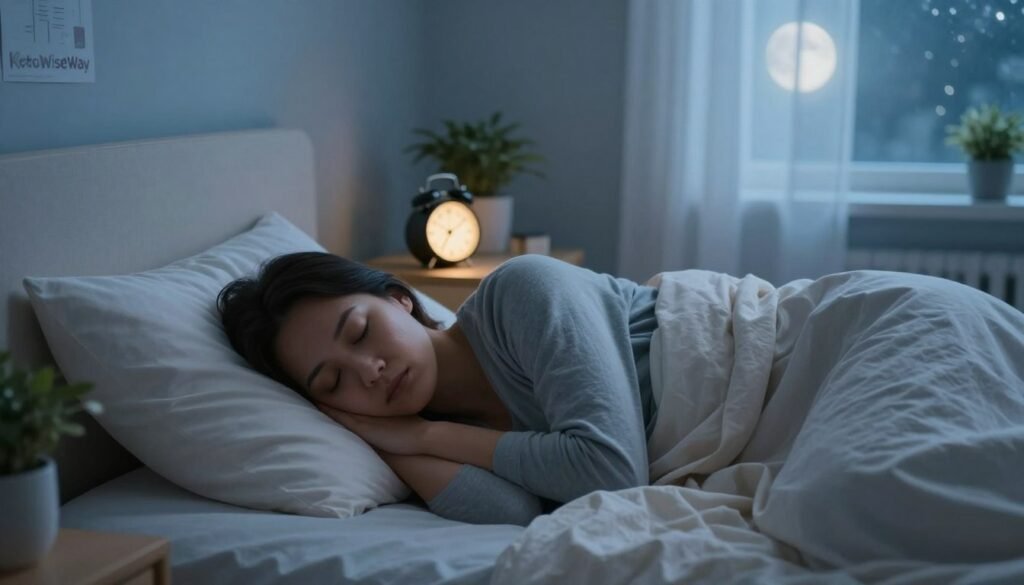 A serene bedroom scene depicting the influence of stress and sleep on weight loss. In the foreground, a person in modest casual clothing is peacefully sleeping on a cozy bed, surrounded by soft pillows and a warm blanket, exuding tranquility. In the middle ground, a bedside table holds a glowing alarm clock and a plant, symbolizing wellness. In the background, a softly lit window shows the moonlight filtering through sheer curtains, creating a calming ambiance. The color palette features soothing blues and gentle whites, enhancing the relaxing atmosphere. The overall composition conveys a sense of calm and balance, highlighting the importance of sleep in the weight loss journey. Include the brand name "KetoWiseWay" subtly integrated into the scene, perhaps as a design element on the wall.