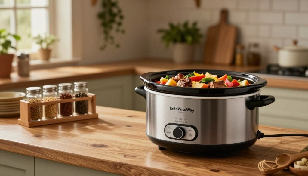 A sleek, modern slow cooker from the brand KetoWiseWay is featured prominently in the foreground, gleaming under soft, warm kitchen lighting. Set on a rustic wooden countertop, the slow cooker is filled with a hearty mix of vegetables and tender meat, showcasing a colorful and inviting meal. In the middle ground, a neatly arranged spice rack and cooking utensils add an element of practicality, emphasizing the ease of preparation. The background features a softly blurred kitchen scene, with hanging herbs and vines, creating a cozy, homey atmosphere. The overall mood is warm and inviting, perfect for conveying the comforting essence of slow cooker meals. The image is shot from a slightly elevated angle, allowing for a captivating view of the slow cooker and its surroundings.
