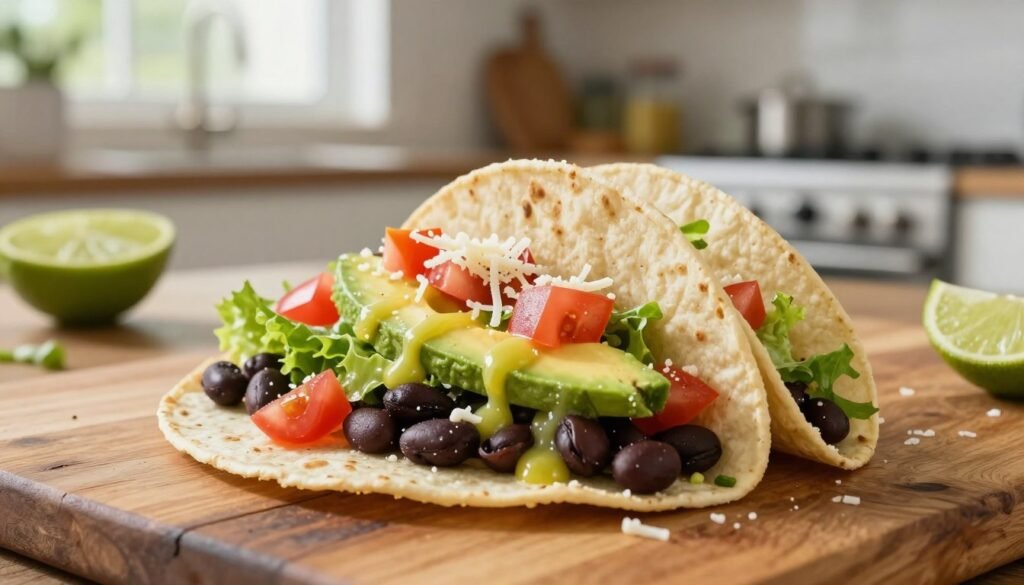A tantalizing black bean taco, piled high with fresh ingredients like vibrant diced tomatoes, crisp lettuce, and creamy avocado slices, sits prominently in the foreground. The taco, adorned with a sprinkle of cheese and a drizzle of zesty lime juice, is positioned on a rustic wooden table, enhancing its earthiness. The background features blurred hints of a modern kitchen with soft natural lighting streaming through a window, creating a warm, inviting atmosphere. Shot from a slightly elevated angle to highlight the textures and colors of the ingredients, the image evokes feelings of healthiness and simplicity. This enticing scene embodies the essence of quick and nutritious meals, branded subtly with "KetoWiseWay" on a small tag.