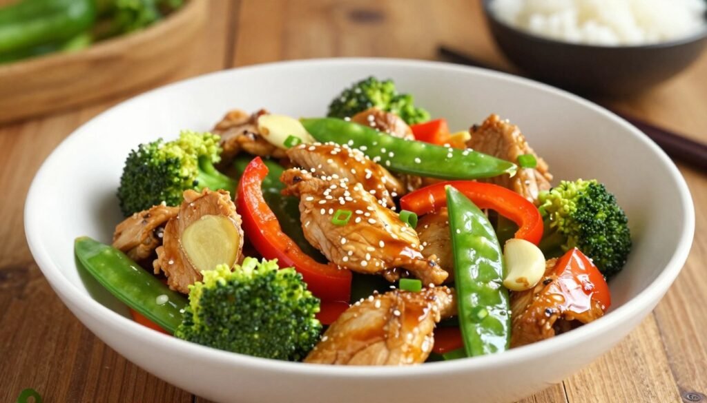 A vibrant and appetizing stir fry chicken dish, beautifully arranged in a deep white bowl. The chicken pieces, golden-brown and tender, are tossed with a colorful mix of vibrant vegetables like bell peppers, broccoli, and snap peas, glistening with a light soy sauce glaze. Fresh ginger slices and garlic cloves are scattered, adding an aromatic touch. The foreground features a sprinkle of sesame seeds and chopped green onions for garnish. Soft, warm lighting illuminates the dish, enhancing its textures and colors. In the background, a rustic wooden table adds warmth to the setting, with a small dish of rice and chopsticks placed nearby. The overall mood is inviting and lively, perfect for demonstrating a quick, healthy meal. KetoWiseWay branding subtly integrated into the scene without visible text.