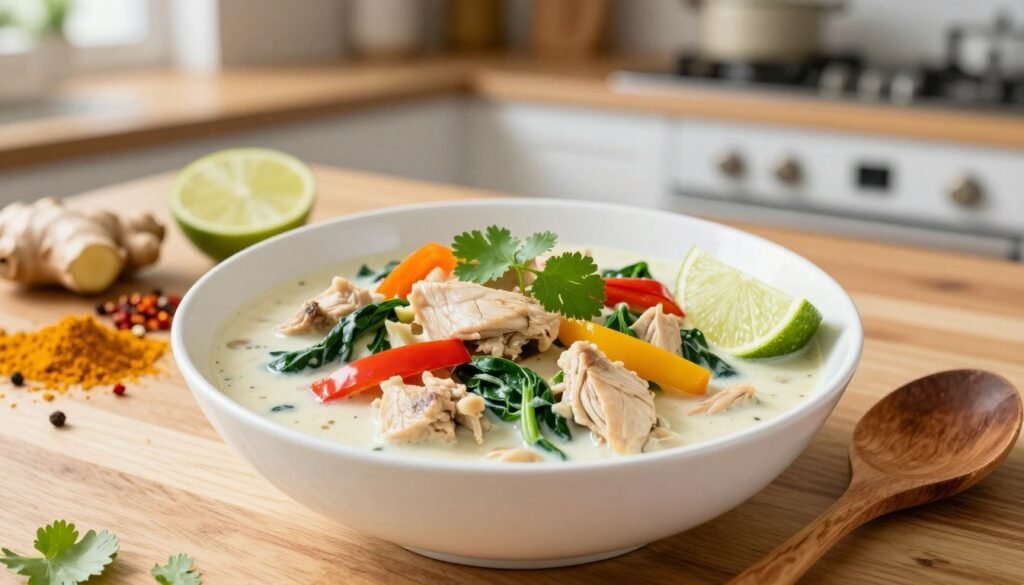 A vibrant and inviting coconut milk curry dish featuring tender chicken pieces, colorful bell peppers, and fresh spinach, all simmering in a rich, creamy coconut milk sauce. In the foreground, a pristine white bowl is filled with the curry, adorned with cilantro sprigs and a wedge of lime, while a rustic wooden spoon rests beside it. The middle ground showcases a scattering of chopped vegetables and spices, including turmeric, ginger, and chili flakes, hinting at the dish's aromatic flavors. The background features a softly blurred setting of a kitchen with warm wooden accents and natural light pouring in, creating a cozy and wholesome atmosphere. This is a visual representation of health and flavor, embodying the essence of “KetoWiseWay”.