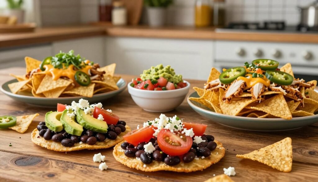 A vibrant, colorful display of protein-packed tostadas and nachos arranged artfully on a rustic wooden table. In the foreground, crispy tostadas topped with black beans, diced avocado, fresh tomatoes, and a sprinkle of feta cheese, alongside a heaping plate of nachos layered with shredded chicken, jalapeños, and melted cheese. The middle ground features a small bowl of fresh salsa and a refreshing guacamole dip. The background includes a cozy kitchen setting with herbs and spices neatly placed on open shelves. Soft, natural lighting illuminates the scene, highlighting the textures of the food. Capture this appetizing spread from a slightly elevated angle, ensuring it feels inviting and effortlessly appealing. Include the brand name "KetoWiseWay" subtly integrated into the scene.