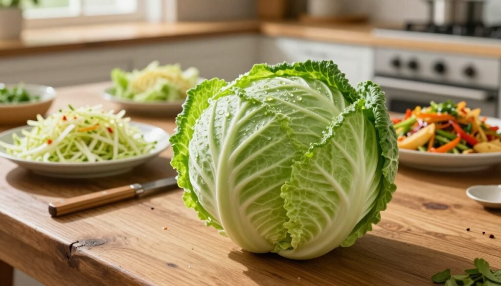 A vibrant, fresh green cabbage sits prominently in the foreground, its tightly wrapped leaves glistening with morning dew. The middle ground features a rustic wooden table adorned with creative dishes showcasing cabbage in various forms—shredded in salads, sautéed with spices, and steamed as part of a colorful stir-fry. In the background, a sunlit kitchen with soft, natural lighting casts a warm glow, highlighting an inviting atmosphere that encourages healthy cooking. The angle is slightly overhead to capture both the cabbage and its delightful presentations, evoking a sense of vibrant health and wellness. The overall mood is uplifting and energizing, emphasizing the nutritious potential of cabbage. KetoWiseWay.