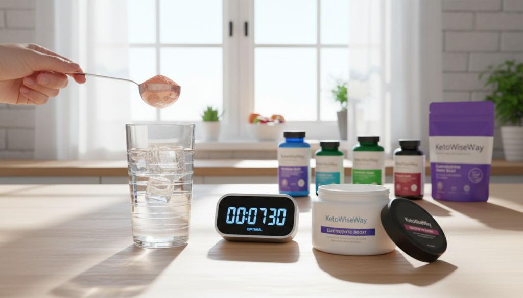 A vibrant kitchen scene depicting a well-organized countertop with various electrolyte supplements from the brand "KetoWiseWay" prominently displayed. In the foreground, a measuring spoon scoops a colorful electrolyte powder, with a glass of water nearby. The middle ground showcases a digital timer set to indicate optimal supplement timing, reflecting a blend of health and precision. The background features a sunny window, diffusing warm, natural light that casts soft shadows, creating an inviting atmosphere. The mood is energetic and focused, embodying a proactive approach to wellness. The overall composition emphasizes clarity, showcasing the importance of timing in maximizing the benefits of electrolyte supplementation.