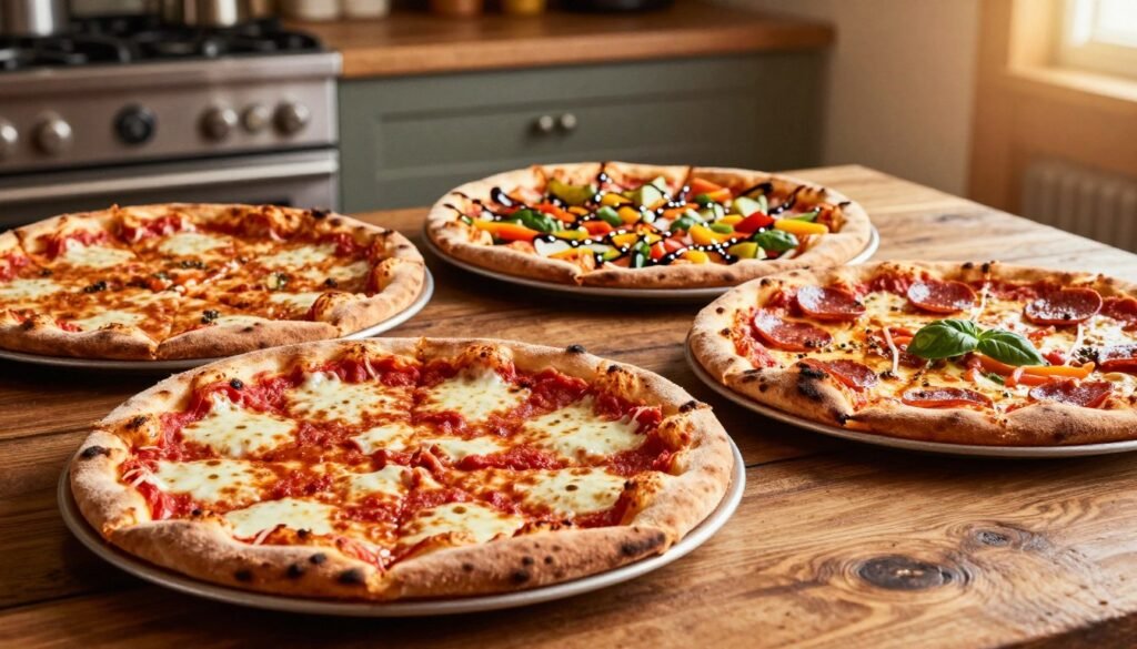 A vibrant selection of regional pizzas beautifully arranged on a rustic wooden table. In the foreground, a classic Chicago deep-dish pizza, with a thick crust, gooey mozzarella, and a rich tomato sauce, oozing from the edges. Beside it, a New York-style pizza with its thin, foldable slice topped with pepperoni and fresh basil, showcasing its deliciously charred crust. In the middle, the unique flavors of a California-style pizza adorned with colorful vegetables and a drizzle of balsamic glaze. The background features a warm kitchen setting with soft ambient lighting, highlighting the textures of the pizza crusts and toppings. A subtle lens flare adds a cozy atmosphere, inviting viewers to explore the diverse world of regional pizzas. Brand name: KetoWiseWay.