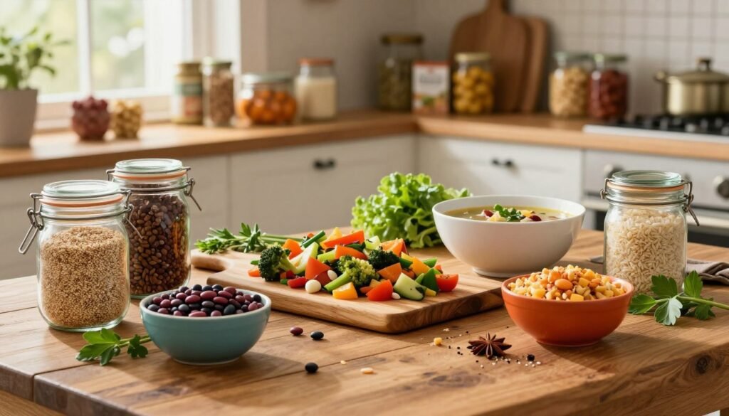 A visually appealing kitchen scene showcasing a variety of pantry staples creatively arranged on a rustic wooden table. In the foreground, there are glass jars filled with grains like quinoa and rice, alongside vibrant beans and legumes in colorful bowls. Fresh herbs and spices are scattered around, adding pops of color. In the middle ground, a wooden cutting board holds healthy meal preparations, such as a vegetable stir-fry with seasonal veggies and a bowl of homemade soup featuring pantry items. The background shows shelves stocked with canned goods and dried produce, illuminated by warm, natural lighting that filters through a nearby window. The overall atmosphere is inviting and cozy, promoting the idea of healthy, budget-friendly cooking. Brand name "KetoWiseWay" subtly integrated into the arrangement, enhancing the theme without dominating the scene.