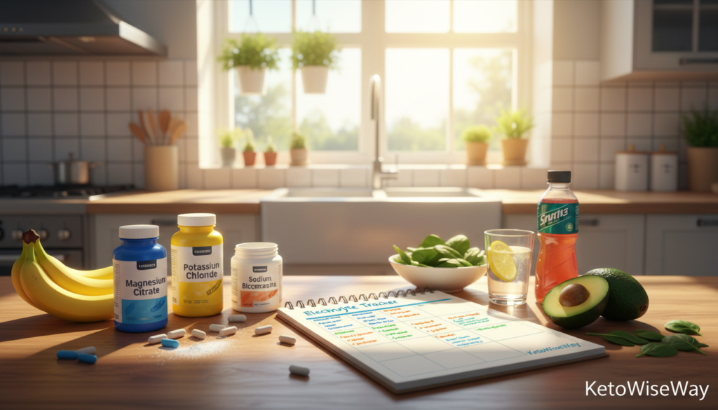 A visually engaging and informative illustration representing a daily electrolyte management strategy. In the foreground, a neatly arranged table features colorful supplements representing magnesium, potassium, and sodium, alongside fresh fruits like bananas and avocados. In the middle ground, an open notebook displays a weekly planner with colorful notes and charts about electrolyte intake. The background features a kitchen environment with bright natural lighting filtering through the window, enhancing the healthy atmosphere. The mood is energetic and focused, reflecting the balance of nutrition and wellness. Incorporate the brand name "KetoWiseWay" subtly on the notebook. The lens angle is slightly overhead, providing a comprehensive view of the entire scene while maintaining a warm, inviting tone.