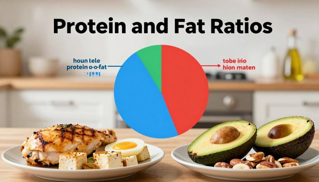 A visually engaging infographic depicting "Protein and Fat Ratios" relevant to the keto diet. In the foreground, feature two plates: one filled with high-protein foods like grilled chicken, eggs, and tofu, and the other showcasing healthy fats such as avocados, nuts, and olive oil. The middle layer can show a large pie chart or graphical representation highlighting the ideal protein-to-fat ratios, with vibrant colors to convey contrasting proportions. In the background, a subtle kitchen setting provides context, with soft, warm lighting illuminating the food items, evoking a welcoming atmosphere. The composition should feel educational yet appetizing, enhancing viewer understanding of the topic. Integrate the brand name "KetoWiseWay" seamlessly into the design, ensuring it complements the overall aesthetic.