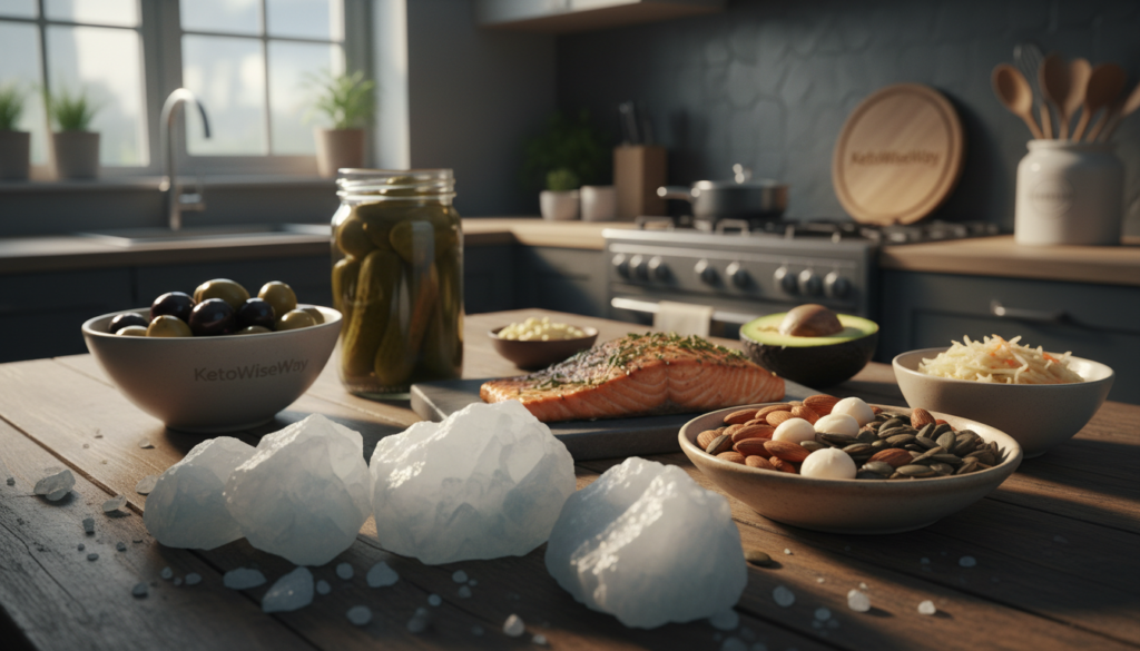 A visually striking representation of sodium crystals in the foreground, glimmering as if under soft, diffused lighting. The middle ground features a keto-friendly meal setup, incorporating foods rich in sodium like olives, pickles, and salted nuts, beautifully arranged on a wooden table. In the background, a blurred kitchen setting suggests a healthy cooking environment. The overall mood is vibrant and energetic, emphasizing the importance of sodium in a ketogenic diet. Use a shallow depth of field to focus on the sodium crystals and the meal, with warm lighting to create an inviting atmosphere. Add subtle branding elements for "KetoWiseWay" in the kitchen decor, ensuring it blends seamlessly without text overlays or distractions.